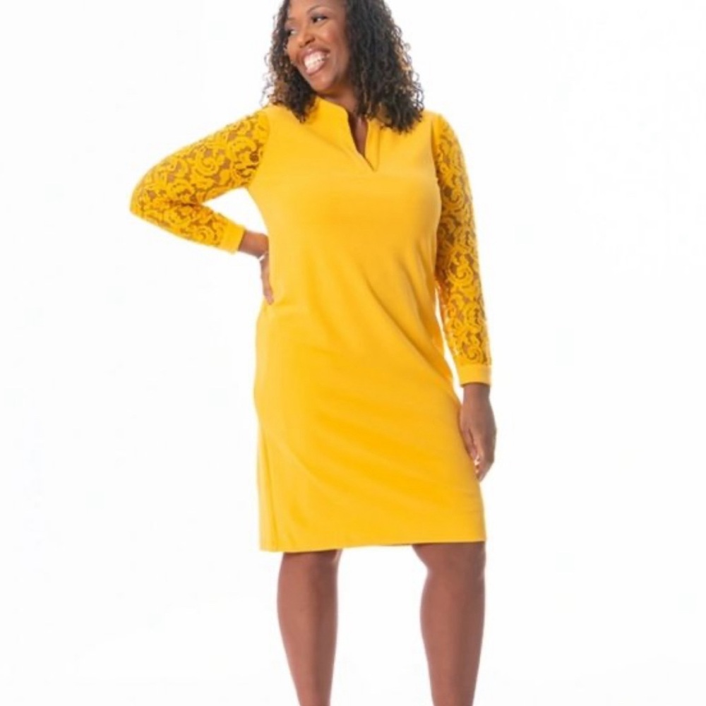 Kasper Yellow Knee Length Lace Dress Size S